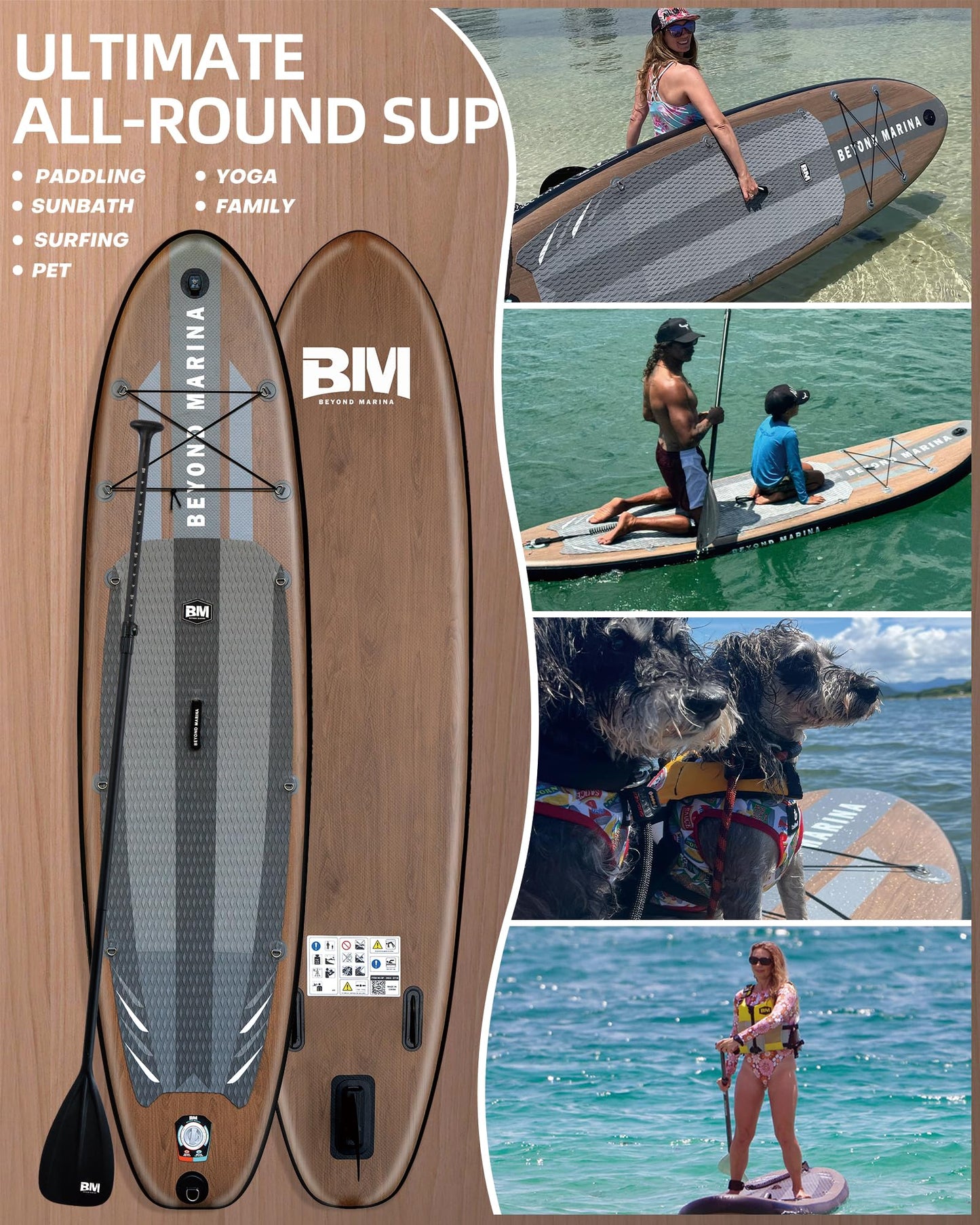 BM Paddle Board Inflatable Stand Up Paddle Board, SUP Paddleboard for Adult, Premium Accessories | Non-Slip EVA Deck & Foam Handles, Camera Mount, Double Action Pump, 85L Travel Backpack, Teak
