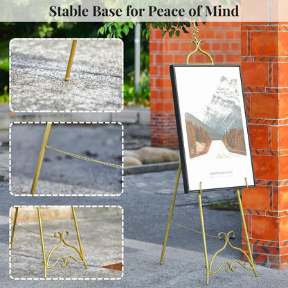 CaliDecor 58.5” H Gold Easel Stand for Sign, Large Adjustable Metal Display Standing for Displaying Pictures Wedding Poster Holder Showcasing with Chain Support