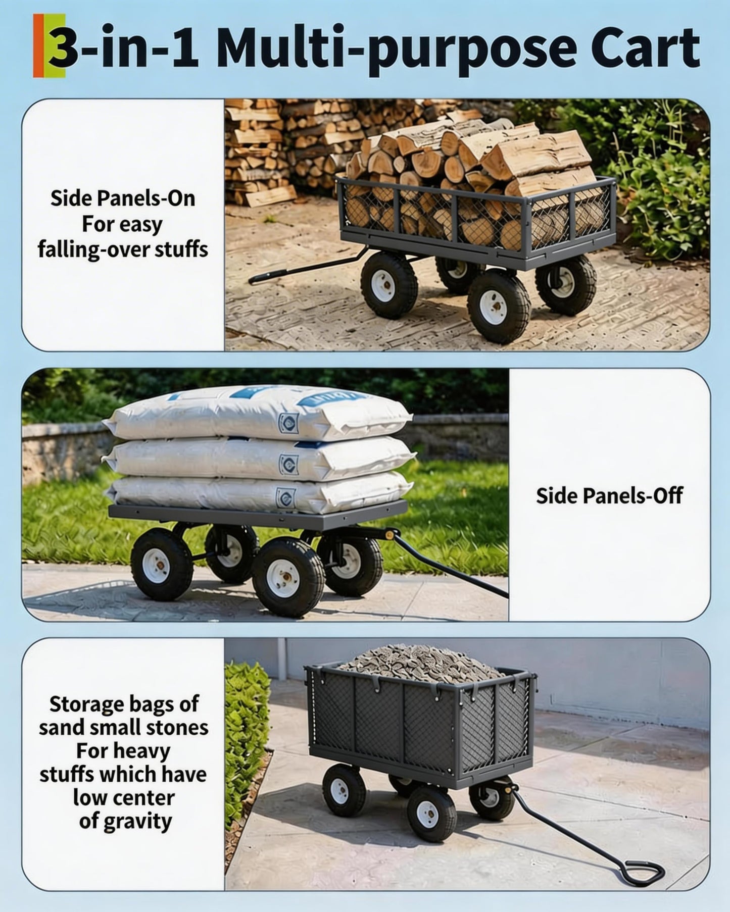 GarveeTech 800LBS Heavy Duty Steel Garden Cart, Garden Wagon Cart on Wheels, Metal Yard Utility Wagon with Removable Mesh Sides, 10" All Terrain Tires, 180° Rotating Handle for Lawn, Garden, Farm