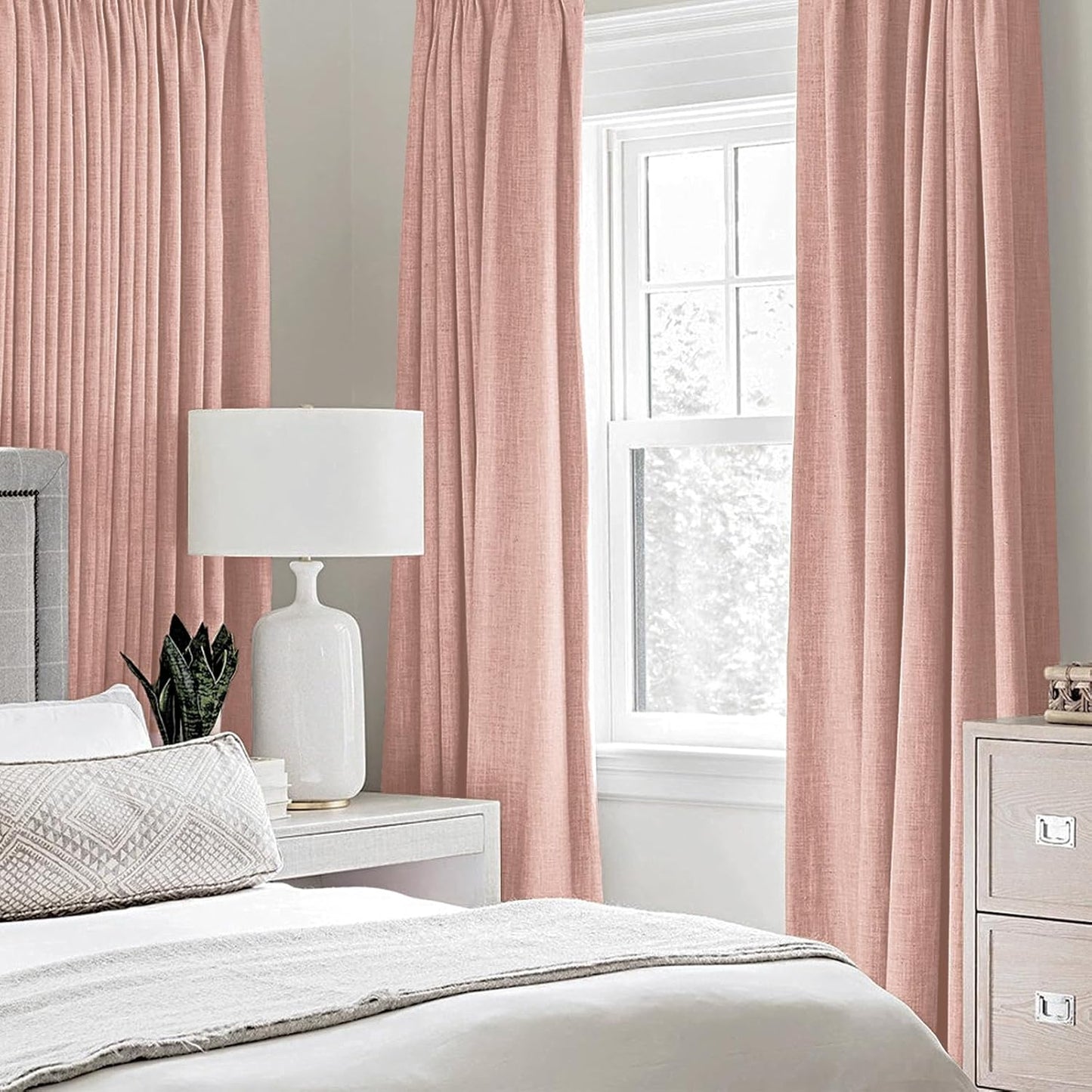 MIULEE 100% Blackout Linen Curtains - Thermal Insulated Blush Pink Grommet Drapes | 52 x 96 Inch (2 Panels)