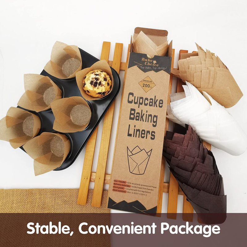 Bake Choice 200pcs Brown Tulip Cupcake Liners for Baking Cups European Parchment Paper Tulip Muffin Liners, Nordic Paper Cupcake Wrapper for Party, Christmas, Standard Size