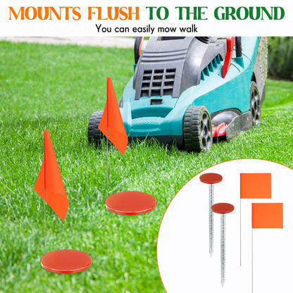 Otoolling 12 Pack 12 Inch Galvanized Property Line Stakes with Marking Flags Writable Heavy Duty Rebar Hi Vis Orange Survey Markers Permanent for Yard Lawn, Irrigation Landscape Sprinkler Pet Training