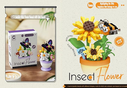 Set of 4 Mini Flower Bonsai with Cute Insects - DIY Potted Plant Building Blocks for Kids and Adults Botanical Collection Decor Toy