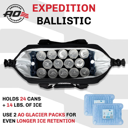 AO Coolers Expedition Ballistic Soft Cooler, Insulated, Leak Proof, and Abrasion Resistant, 24-Can, Black/Charcoal