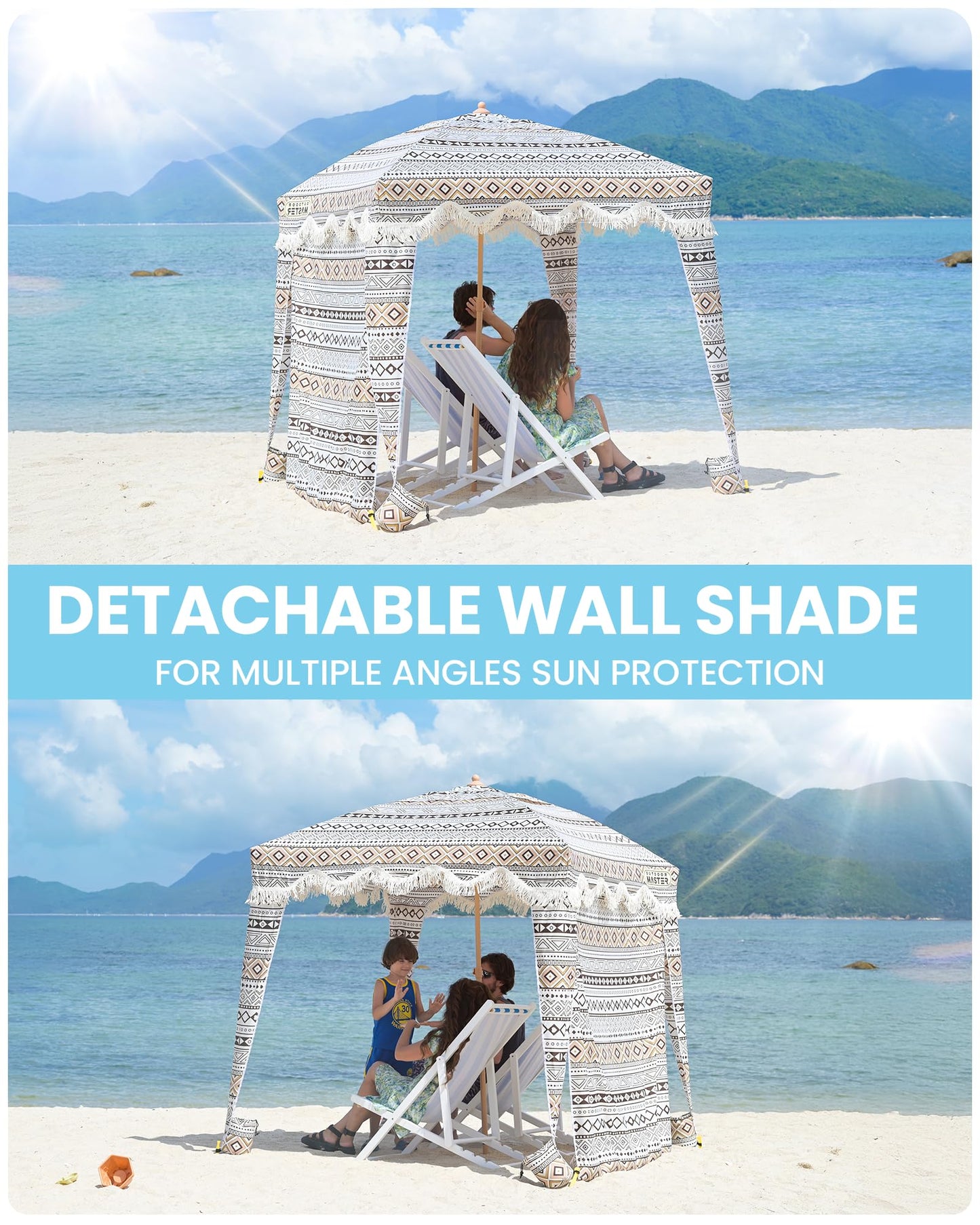 OutdoorMaster Beach Cabana with Fringes, Portable 6' x 6' Beach Canopy for Sand, Easy Set Up Sun Shelter, Included Side Wall, UPF 50+ UV Protection Sun Umbrella - for Family & Friends -Retro Brown