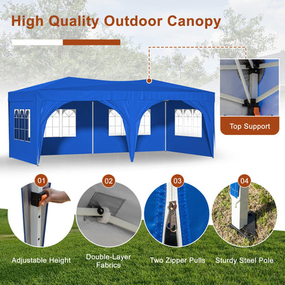 Osparple 10x20 FT Pop Up Canopy Tent, Outdoor Party Tent for Wedding with 6 Removable Sidewalls, Heavy Duty Waterproof Patio Canopy for Backyard, Garden, Lawn - Blue