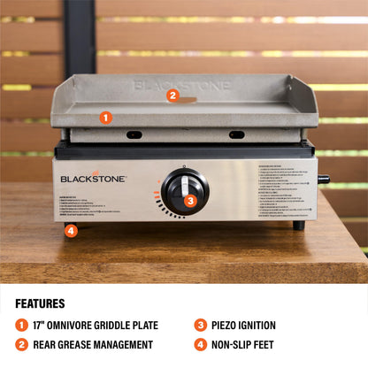 Blackstone 1971 Original 17” Tabletop Griddle with Stainless Steel Front Plate, Powder Coated Steel, Black