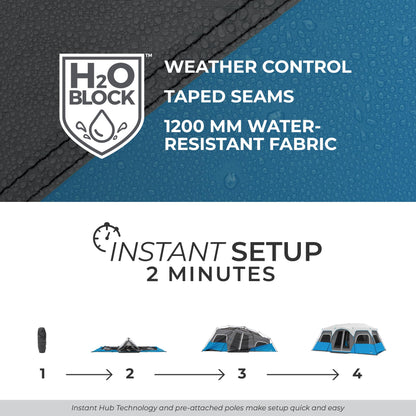 CORE 12 Person Instant Cabin Tent with LED Lights | Large 3 Room Family Lighted Pop Up Tent for 2 Minute Camp Setup | Included Storage Pockets for Camping Accessories