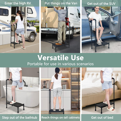 Car Step Stool with Handle for Elderly, Medical Handicap Step Stools with Handrail, Seniors Bed Steps for High Beds, Heavy Duty Metal Stepping Stool with Safety Step Platform, Vehicle Step Up Assist