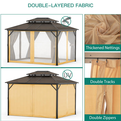 PeakPursuit Hardtop Gazebo 12'x 10' Aluminum + Iron Roof,Double-Roof Backyard Tent Garden Porch Gazebo with Mesh and Curtains Permanent Outdoor Metal Gazebo, Waterproof, Snowproof and Sunproof, Khaki