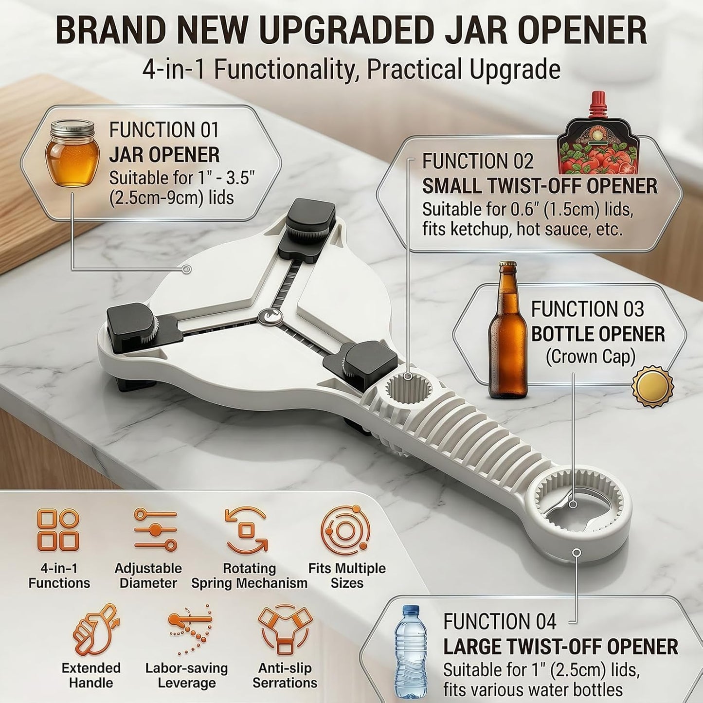Skiennix 4-in-1 Adjustable Jar Opener - Ergonomic Non-Slip Handle for Weak Hands & Seniors | Multi-Size Lid Remover (Grey)