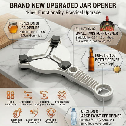 Skiennix 4-in-1 Adjustable Jar Opener - Ergonomic Non-Slip Handle for Weak Hands & Seniors | Multi-Size Lid Remover (Grey)