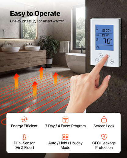 VEVOR Floor Heating Mat System, 100 sqft 120V, Decoupling Membrane, Smart Thermostat & Alarm, Easy Install for Tile, Stone & Vinyl Flooring