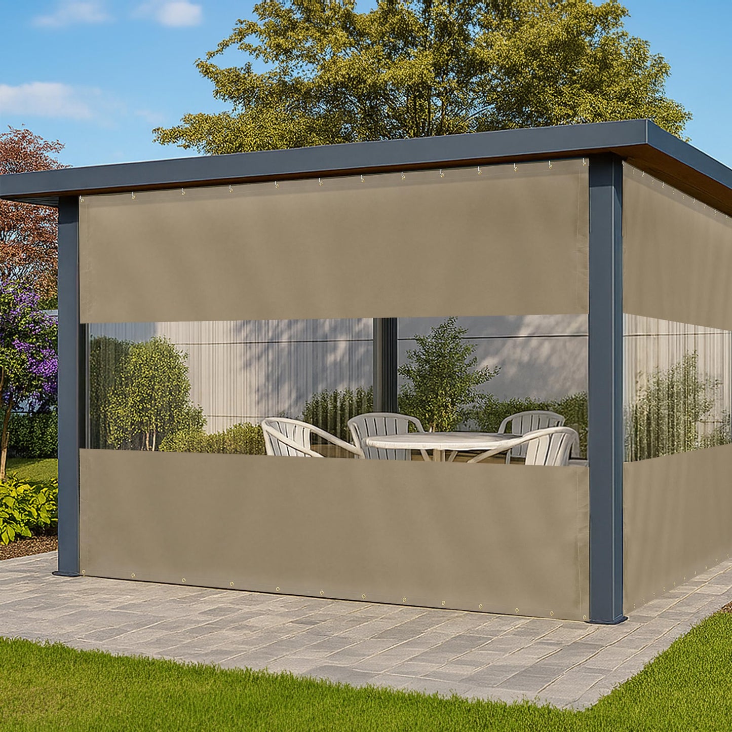 Covers & All Vinyl Outdoor Curtains for Patio Waterproof – 12 oz Outdoor Clear Panel Curtains, Gazebo Curtains with Brass Grommets for Pergola, Porch & Patio Walls for Winter (8 x 12 ft, Beige)