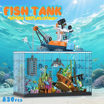 Fish Tank Building Blocks Set Aquarium Building Set with LED Lights Including Ocean Shark Jellyfish Fishing Boat STEM Gift for Kids Boys Girls Age 8-12+ and Adults(830PCS)
