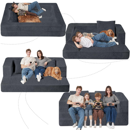 Cansunna Folding Bean Bag Chair for Adults,3-in-1 Bean Bag Couch Faux Fur Floor Sofa Large Beanbag Convertible Bean Bag Sofa Bed with Pillow in Bedroom,Living Room,Apartment(Queen,Dark Grey)