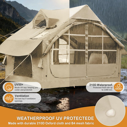 SANHOVO Inflatable Tents for Camping - Easy Blow Up Glamping Tent with Hand Pump, Hot Tent with Stove Jack Waterproof PVC Air Inflatable Tent House for Family Weekend Camping 4-6 Person 4 Season