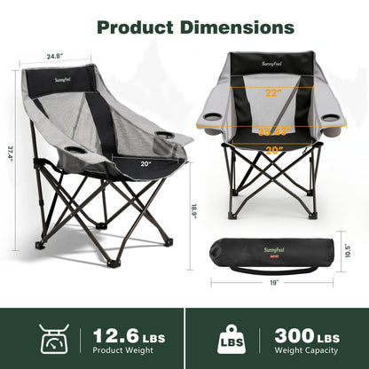 SUNNYFEEL 2 Pack Lightweight Oversized Camping Chairs for Adults Portable Folding Chair with Side Pockets & Cup Holde for Beach,Fishing,Trip,Picnic,Lawn,Concert Outdoor, Carry Bag Included