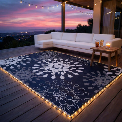 Wallona Outdoor Rugs 8x10 ft Patio Waterproof with Led Strip Lights Indoor Outdoor Carpet for Patio Plastic Straw Reversible Area Rugs Mat for RV, Camping, Beach, Picnic, Porch, Flower Blue & White