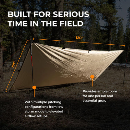 VIAM Outdoors Baldy Tan Tarp: Waterproof Camping Tarp for Hunting, Glassing, Hammock Rain Fly, Ultralight Backpacking Gear Sun Shelter & Heavy Duty Outdoor Protection - 1.1oz