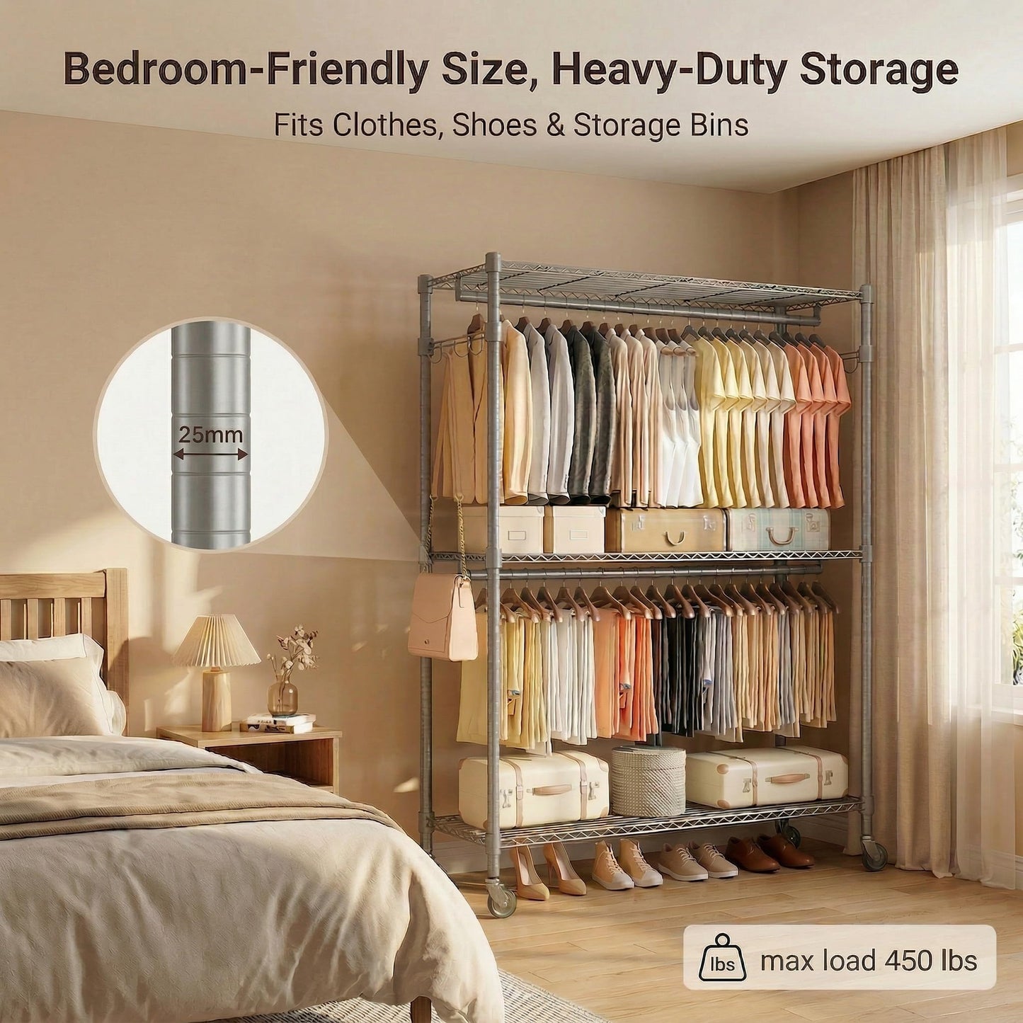 Homdox Rolling Clothes Rack Heavy Duty, 3-Tier Adjustable Wire Shelving Garment Organizer with Double Rods & Hooks, Portable Clothes Rack with Wheels, 17.72" D x 47.24" W x 80.71" H, Grey