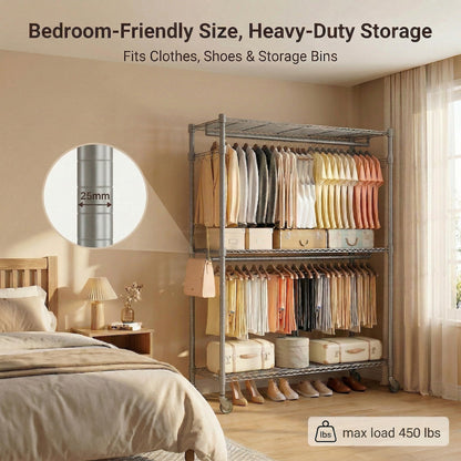 Homdox Rolling Clothes Rack Heavy Duty, 3-Tier Adjustable Wire Shelving Garment Organizer with Double Rods & Hooks, Portable Clothes Rack with Wheels, 17.72" D x 47.24" W x 80.71" H, Grey