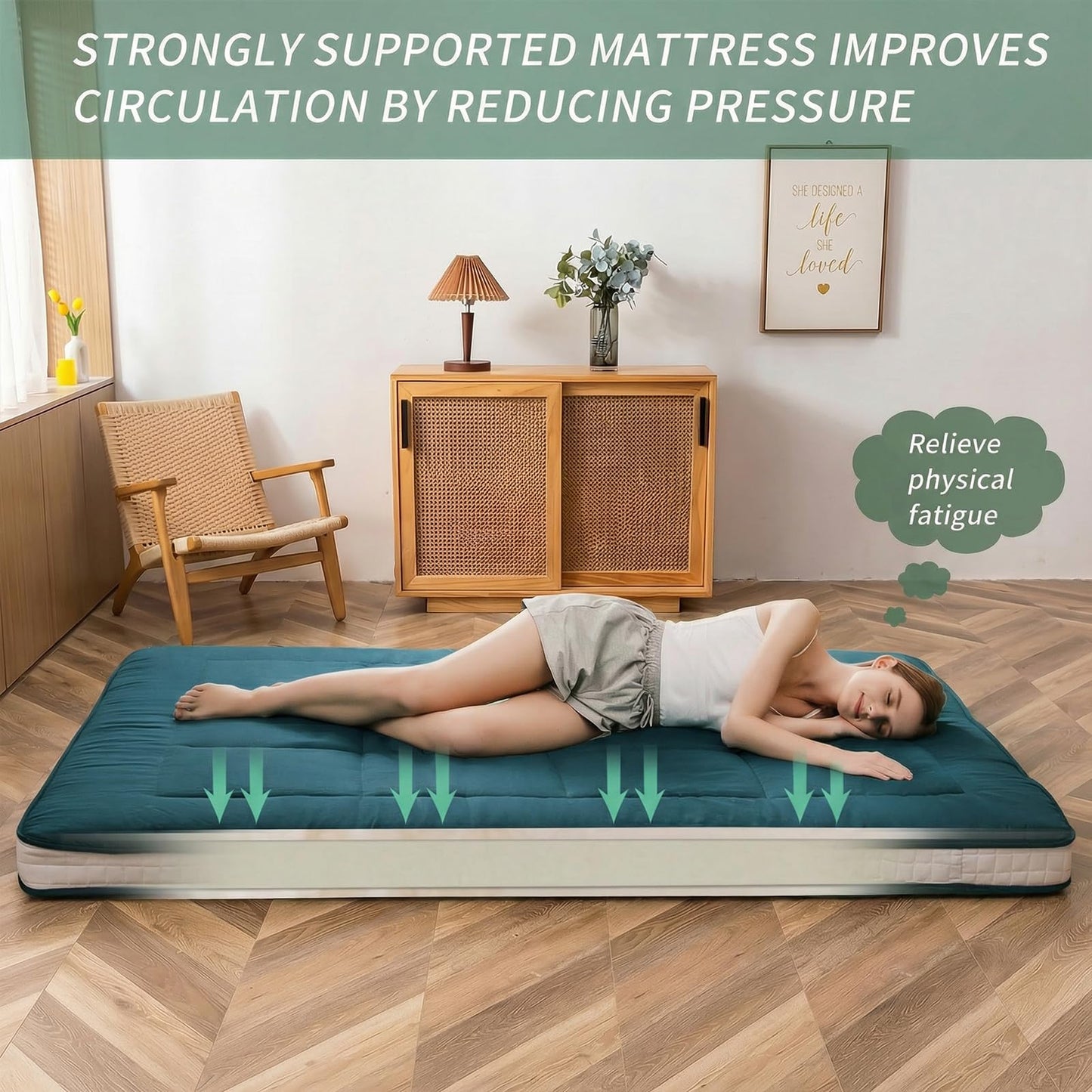 MAXYOYO Futon Mattress, Padded Japanese Floor Mattress Quilted Mattress Topper, Extra Thick Folding Sleeping Pad Breathable Floor Lounger Guest Couch for Camping, Bluestone, Queen