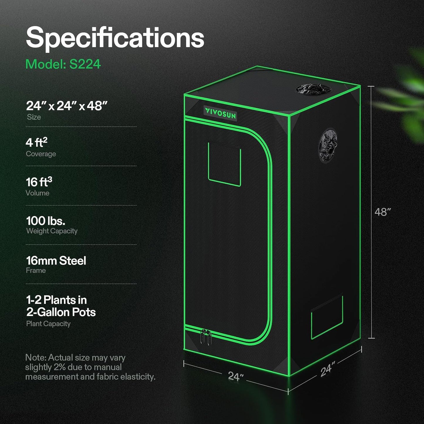 VIVOSUN S224 Grow Tent - 2x2 ft High Reflective Mylar with Observation Window & Floor Tray for Hydroponics