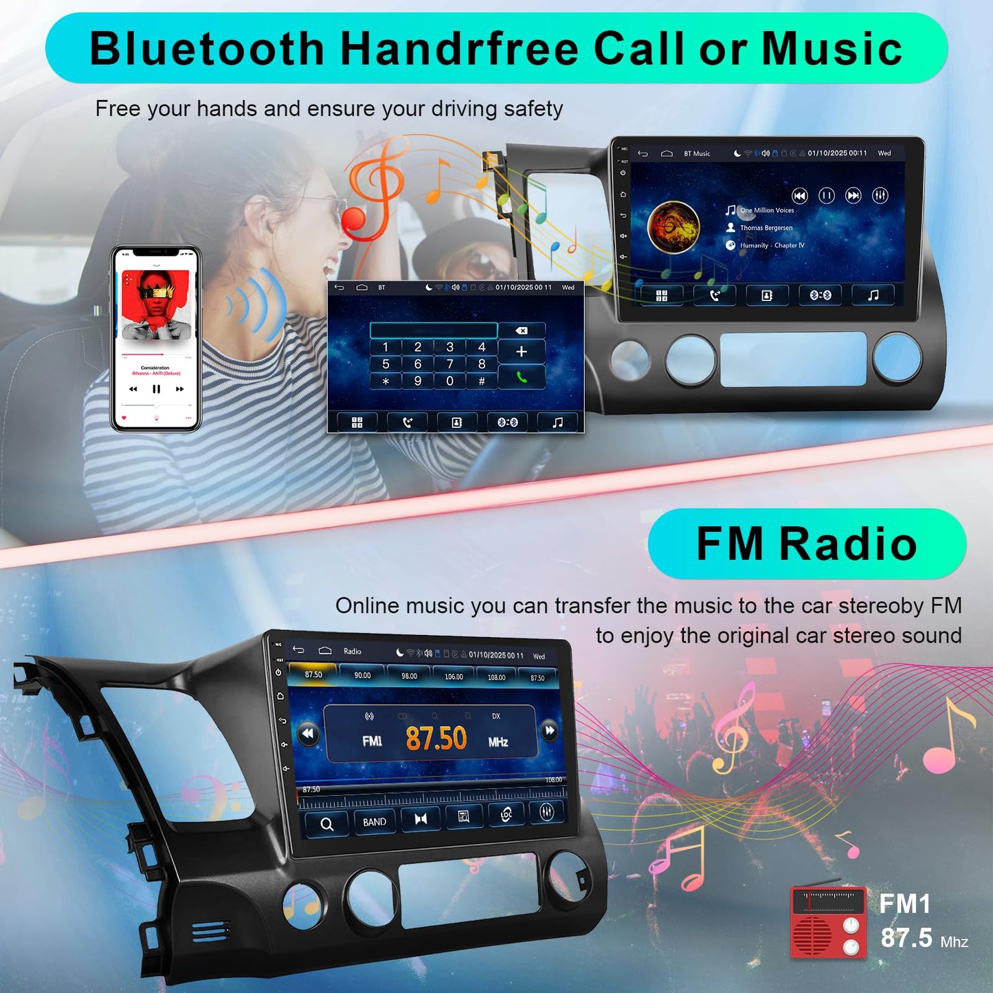 Car Stereo Radio for Honda Civic 2006 2007 2008 2009 2010 2011 with Wireless Carplay & Android Auto,10.1 Inch 1080P Touch Screen for Civic Radio with Bluetooth FM Mirror Link SWC No Camera