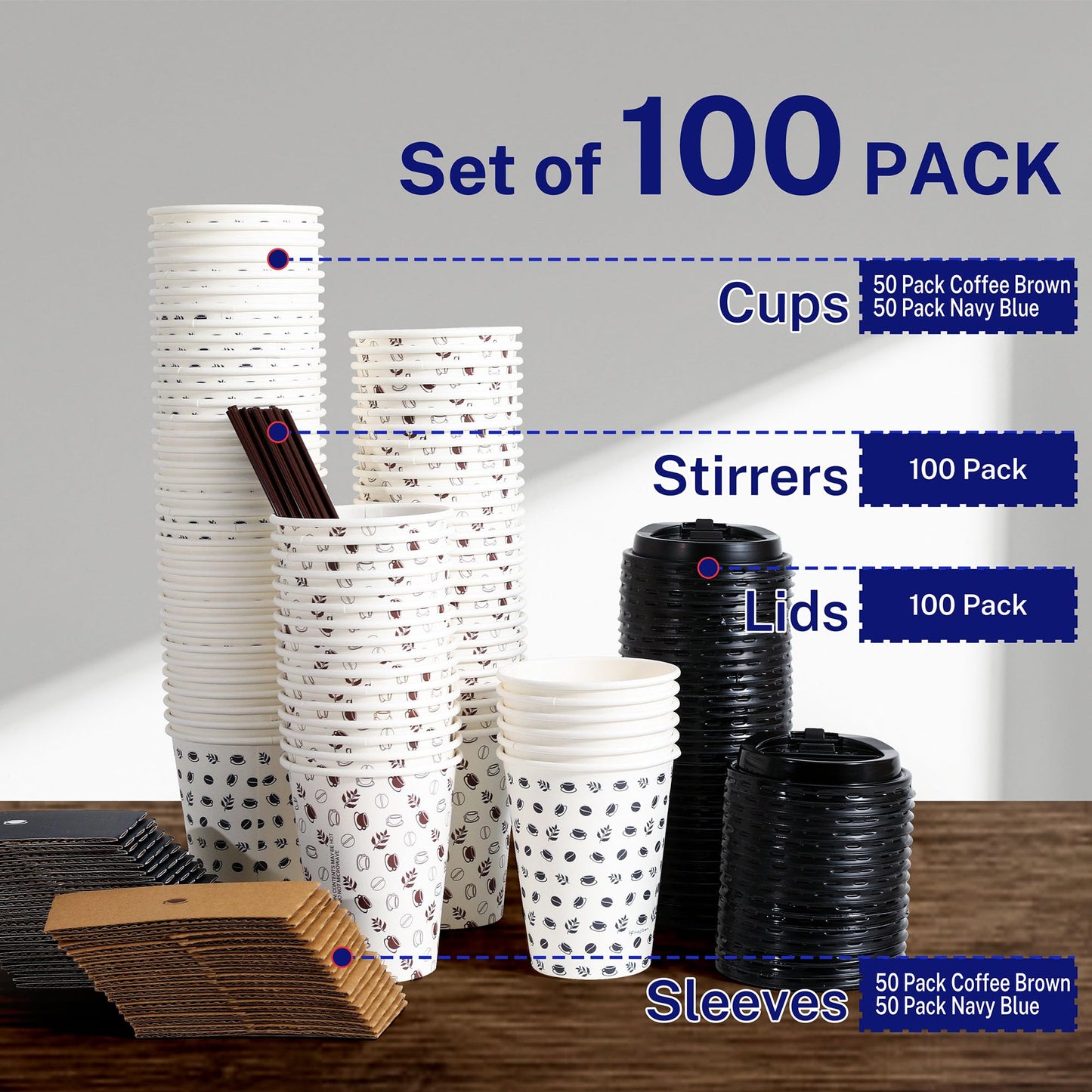 12oz To Go Coffee Cups with Lids, Sleeves and Stirrers (100 Pack), Disposable Paper Cups with two Designs for Home, Business and Café. Hot/Cold Beverage Drinking Cups for Water, Juice or Tea.