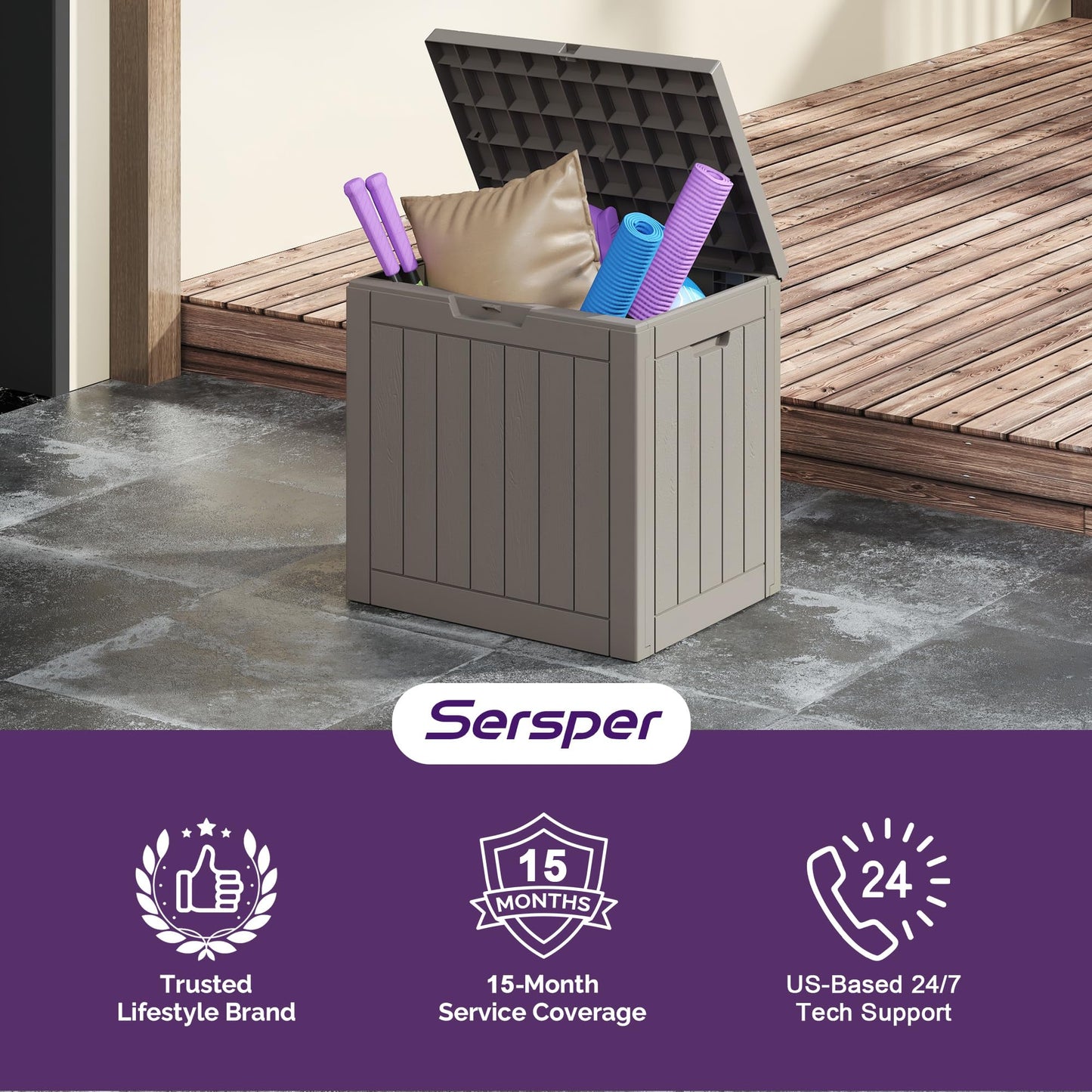 Sersper 30 Gallon Deck Box, Outdoor Lockable Storage Resin Box for Package-Sports Equipment-Garden Tools, Waterproof and UV Resistant Patio Storage Box, Grey