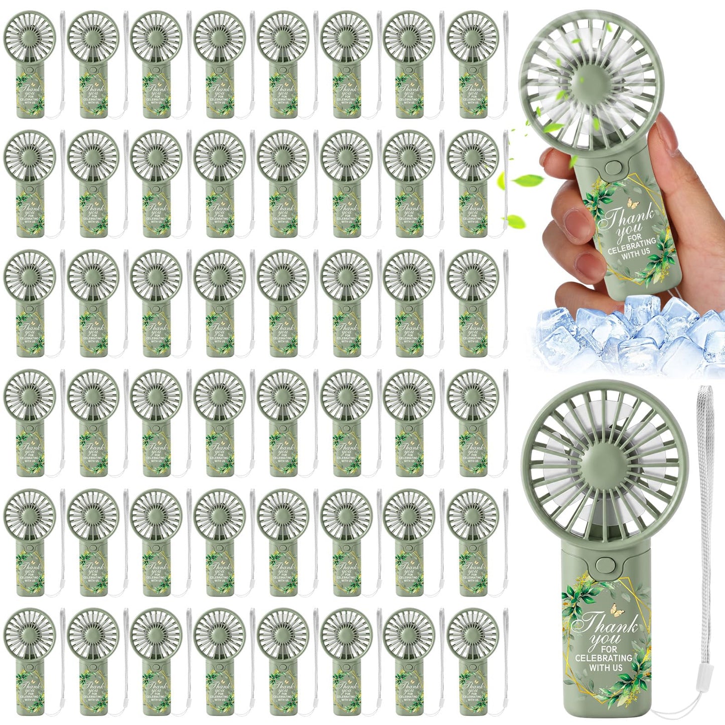 VIHOSE 50 Pcs Mini Wedding Handheld Fan for Guests Bulk Portable Electric Personal Fans with Thank You Print for Guest Summer Outdoor Bridal Shower, Battery Not Include(Boho Floral,Sage Green)