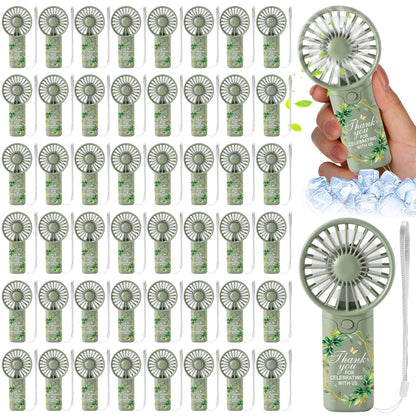 VIHOSE 50 Pcs Mini Wedding Handheld Fan for Guests Bulk Portable Electric Personal Fans with Thank You Print for Guest Summer Outdoor Bridal Shower, Battery Not Include(Boho Floral,Sage Green)