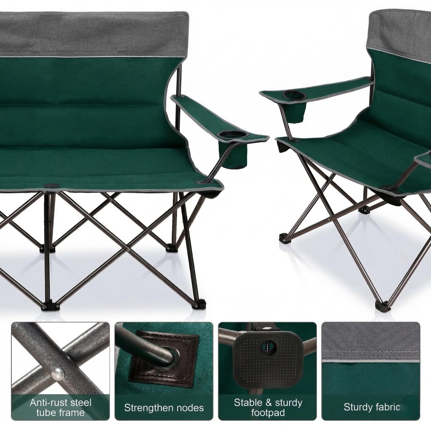 LANMOUNTAIN Oversized 4 Pcs Camping Chair Set with Table,Outdoor Folding Heavy Duty Lawn Chair,Cup Holder,Portable,Loveseat Chair Perfect for Family Hiking,Picnics and Beach Trips,Dark Green