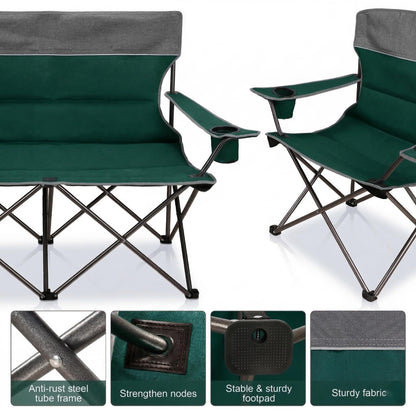 LANMOUNTAIN Oversized 4 Pcs Camping Chair Set with Table,Outdoor Folding Heavy Duty Lawn Chair,Cup Holder,Portable,Loveseat Chair Perfect for Family Hiking,Picnics and Beach Trips,Dark Green