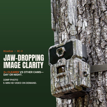 WiseEye DC-2 Cellular Trail Camera, WiseEye Camo – MultiCarrier 4G LTE on AT&T, Verizon & T-Mobile, 32MP Photo, 5-Min HD Video on Demand, Built-in GPS, Internal Storage, Deer Hunting Cam