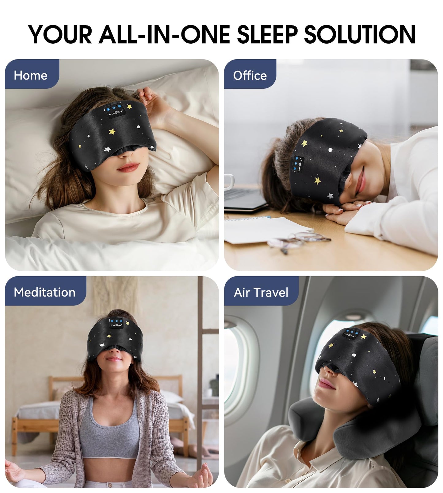 MUSICOZY Mulberry Silk Bluetooth Sleep Mask with HD Stereo Sound, Wireless Sleep Headband Headphones for Side Sleepers, Adjustable Size, Total Light Blocking, Perfect for Travel Relaxation Sleep