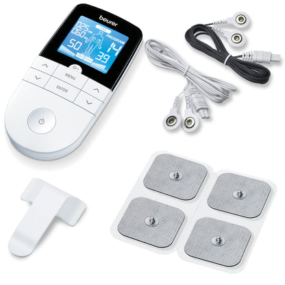 Beurer EM49 Digital TENS & EMS Device for Pain Relief and Muscle Stimulation, 15 TENS Programs, 35 EMS Programs, 2 Adjustable Channels with 4 Self-Adhesive Electrodes