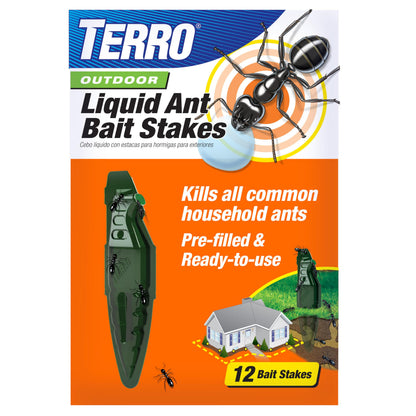 TERRO Liquid Ant Baits - T1813B - Outdoor Ready-to-Use Terro Ant Traps, Kills Household Ants, 12 Stakes (Pack of 12)