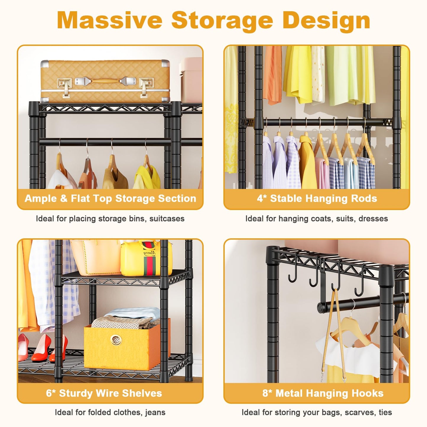 Ulif H50 Extra Large Clothes Rack, Heavy Duty Garment Rack, Freestanding Portable Closet, Clothing Racks for Hanging Clothes, Wardrobe Closet 89.8'' W x 15.8" D x 76.4" H, Max Load 1400 Lbs, Black