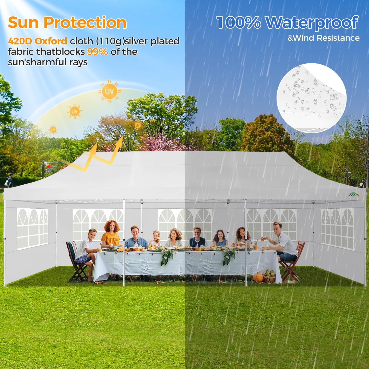 COBIZI 10x30 Pop up Canopy with Roller Bag & 8 Removable Sidewalls, Canopy Tent for Parties, Wedding, and Commercials, Waterproof and Instant Shelter UV50+ Outdoor Gazebo with 4 Sandbags(White)