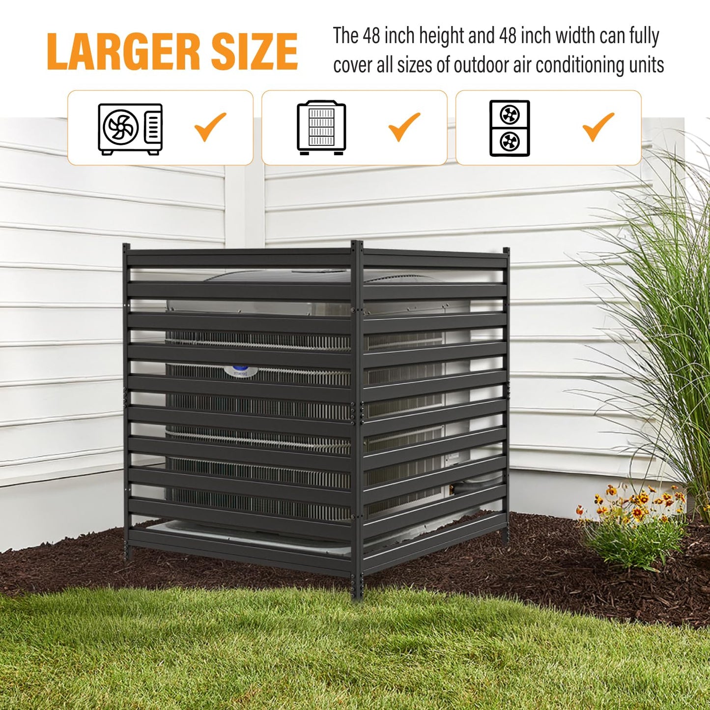 2 Panels 48" W x 48" H Air Conditioner Fences Screen, Metal Privacy Fence for Outside Unit, Pool Equipment Enclosure Trash Can Fence, No Dig Backyard Fencing for Outdoor (Black)