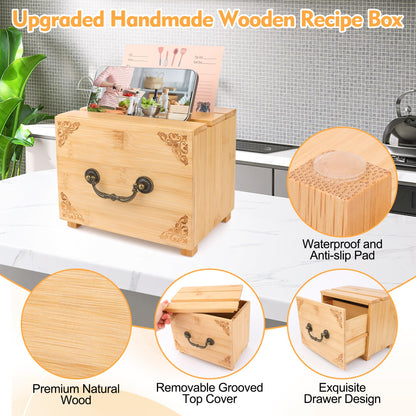 Coitak Wooden Recipe Box With 50 Double Sided 4x6 Recipe Cards, 6 Dividers, 1 Roll Stickers, 1 Pen Removable Recipe Card Holder Organizer