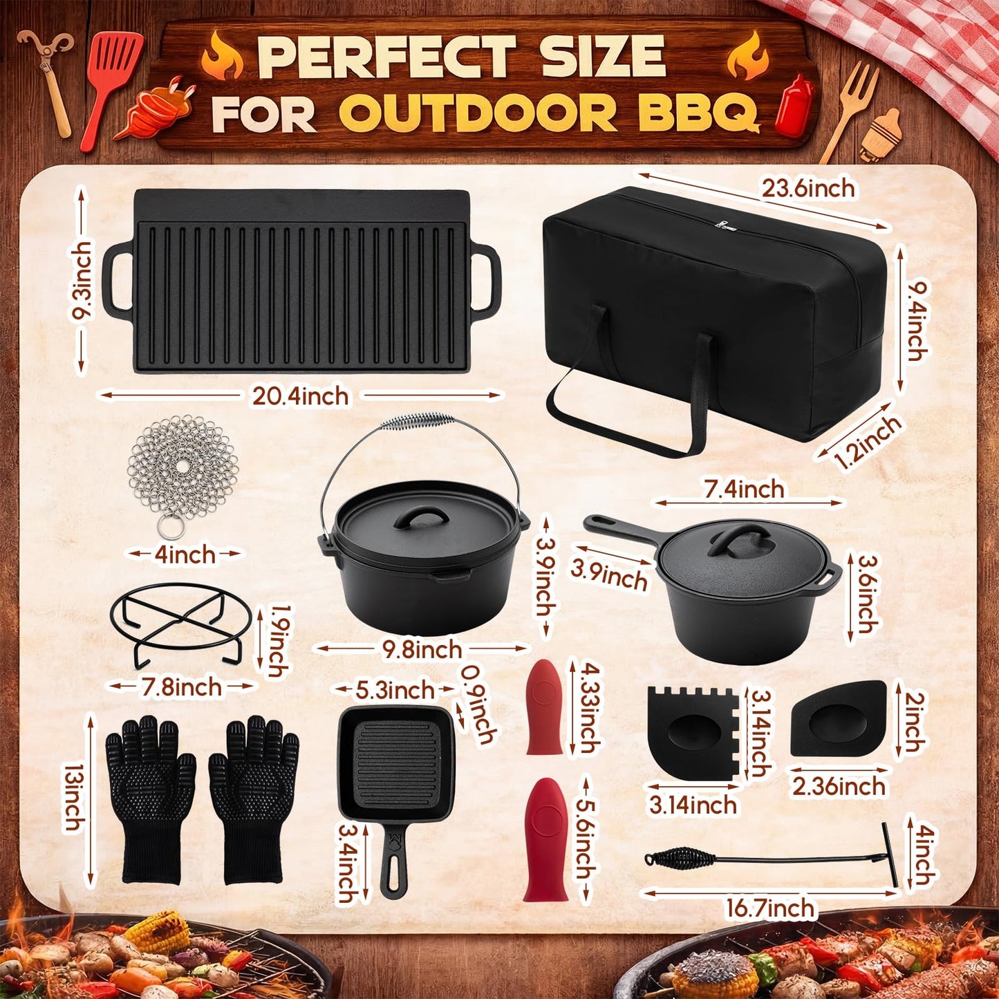 Geetery 15 Pcs Pre-seasoned Cast Iron Cookware Set, Dutch Oven Camping Accessories Kit with Skillet, Pan, Pot, Gloves, Lid Lifter, Storage Bag, Scrubber for Kitchen Ourdoor Campfire Grill BBQ Cookware