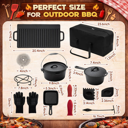 Geetery 15 Pcs Pre-seasoned Cast Iron Cookware Set, Dutch Oven Camping Accessories Kit with Skillet, Pan, Pot, Gloves, Lid Lifter, Storage Bag, Scrubber for Kitchen Ourdoor Campfire Grill BBQ Cookware