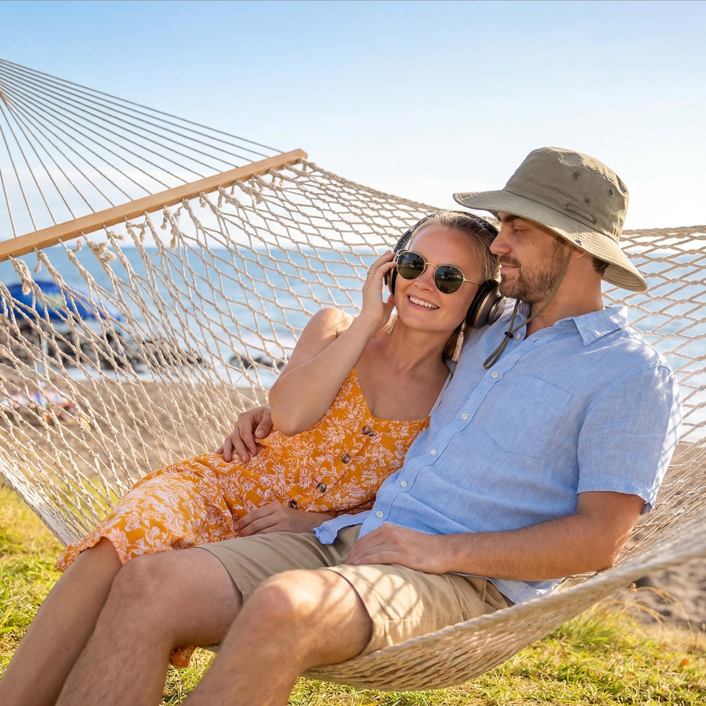 SUNCREAT Double Rope Hammock with Spreader Bar, Carrying Bag, 450 lbs Capacity, Two Person Hammock with Tree Hooks, Beige