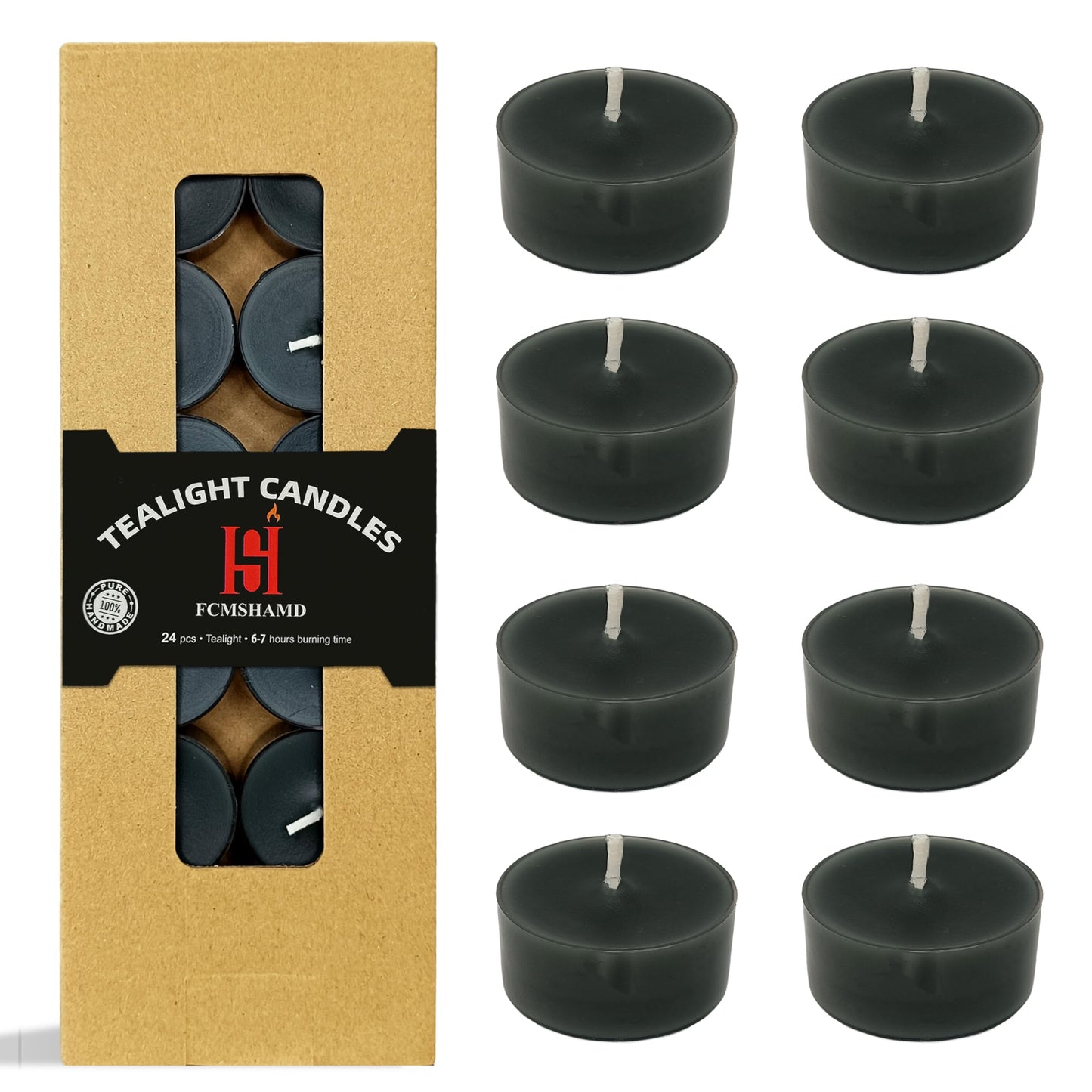 Tea Lights Black Tea Candles Set of 24 – Tealight Candles with Sandalwood Scent, Long Burning Handmade Tealights for Wedding Meditation Home Decor Gift