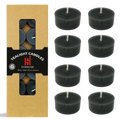 Tea Lights Black Tea Candles Set of 24 – Tealight Candles with Sandalwood Scent, Long Burning Handmade Tealights for Wedding Meditation Home Decor Gift