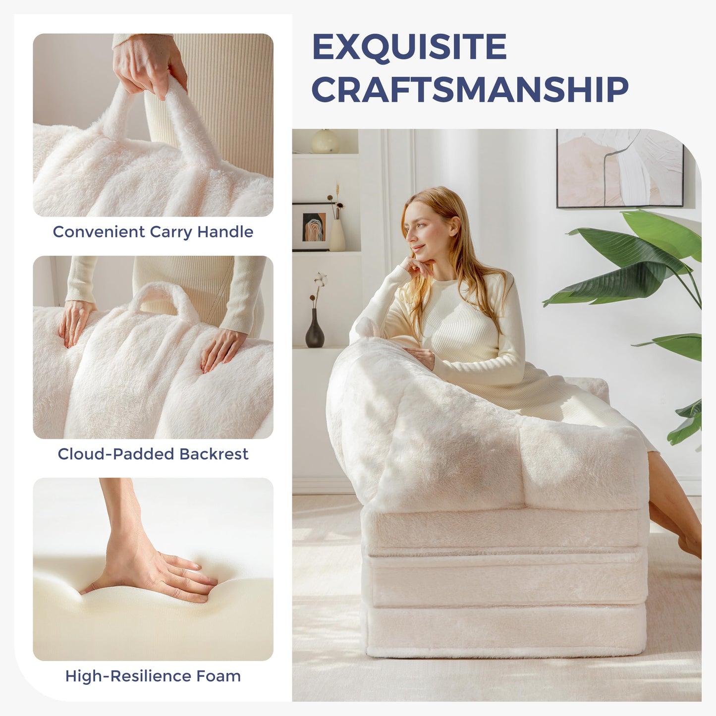 MAXYOYO Folding Sofa Bed, 2 in 1 Convertible Sofa to Lounger Comfy Loveseat Bean Bag Chair for Adults, Floor Couch with Handle, Faux Fur Couch Bed for Living Room Bedroom, Beige, Loveseat