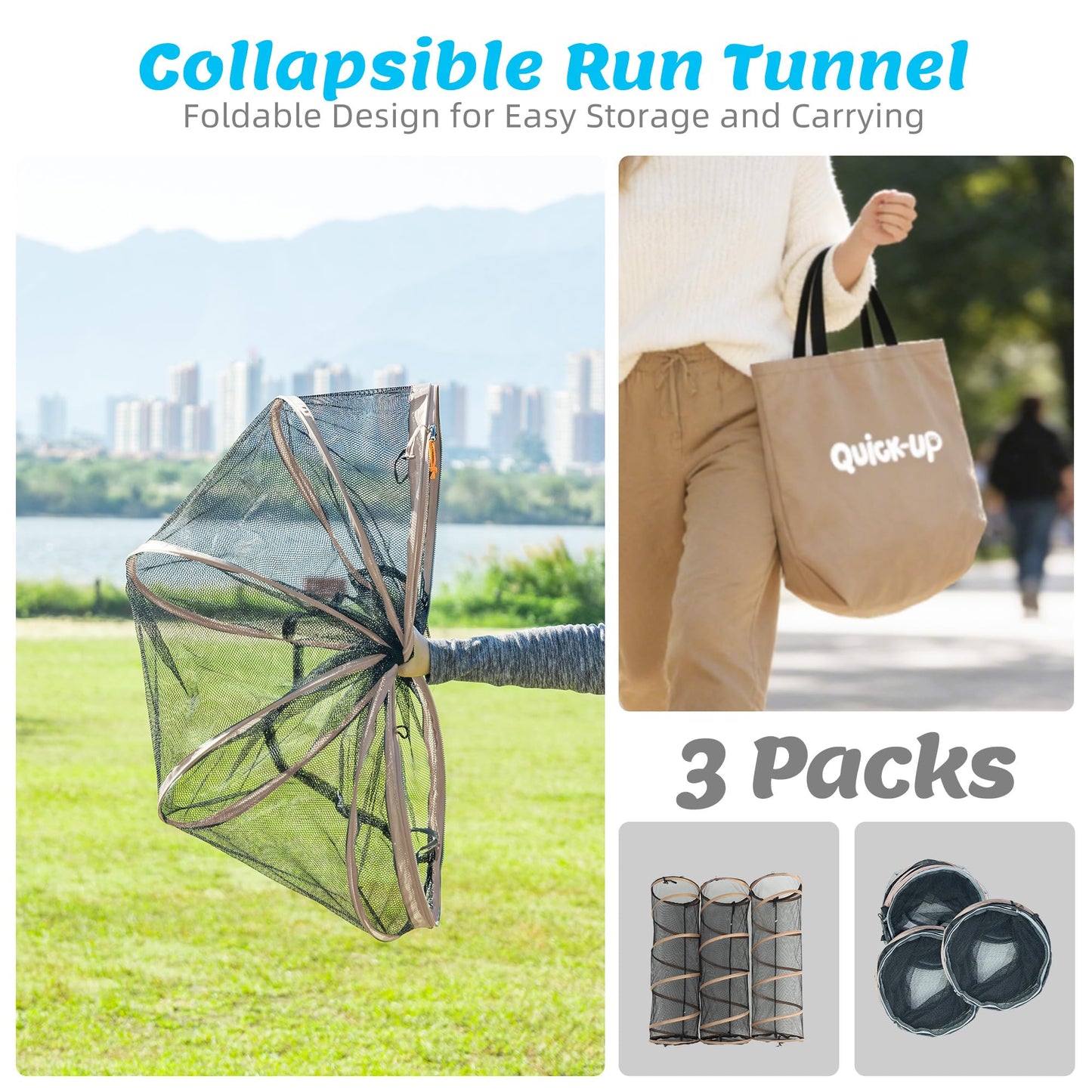 Cat Play Tunnel-3 Packs for Indoor and Outdoor,Pet Tunnel,Cat Enclosure, Easy to Connect with Two Zipper Doors,Product Size 59'' x 18'',Tan Trim (3 Tunnels)
